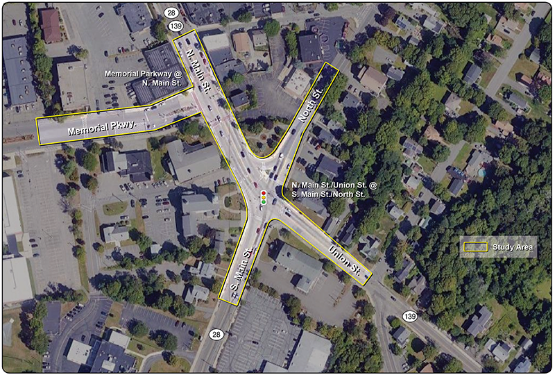 Figure 1: Study Area
An aerial image of the study area shows the highlighted study intersections in the center of Randolph. The area contains the intersection of Memorial Parkway at N. Main St. and the Crawford Square intersection.